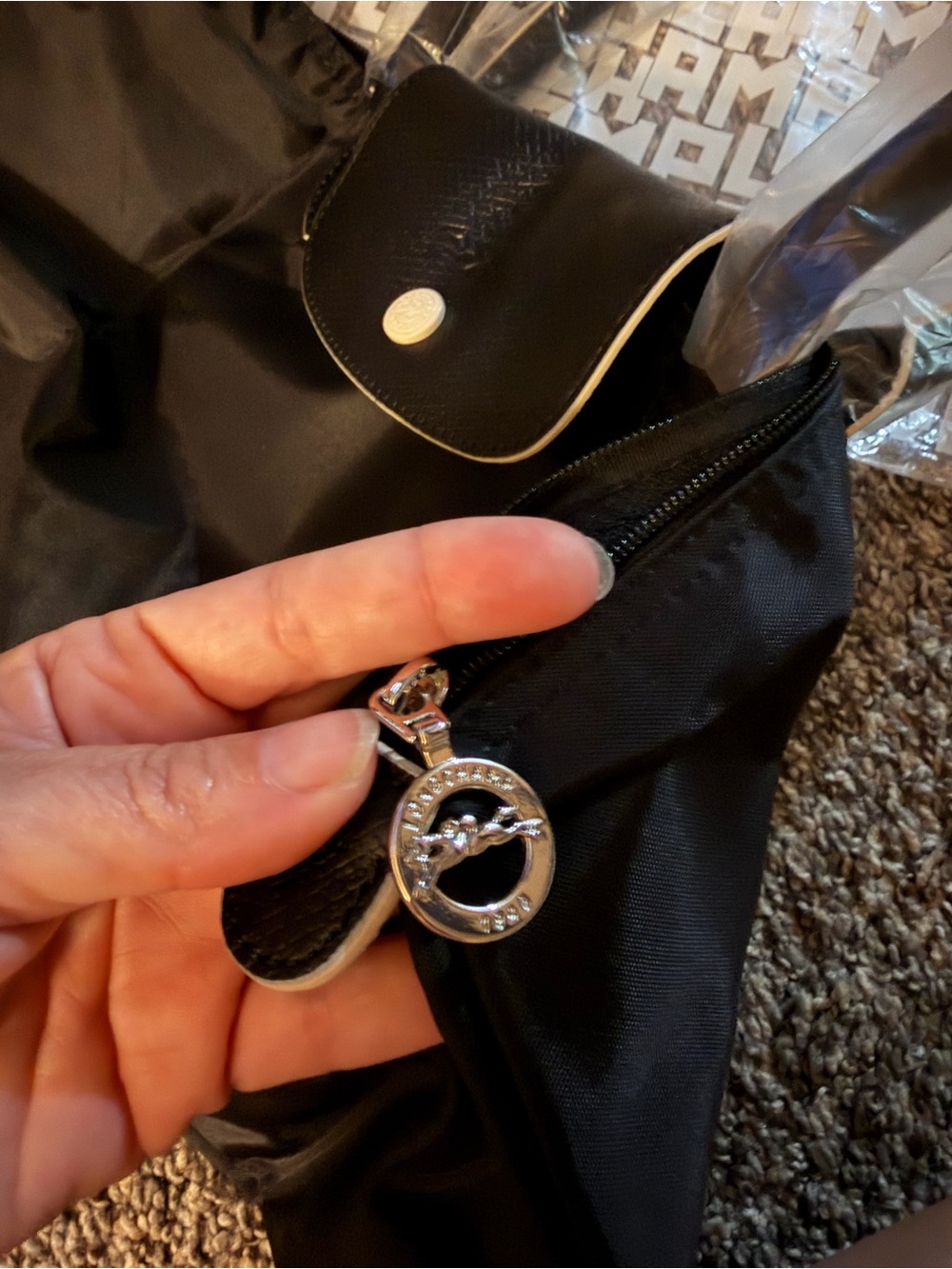 Longchamp Black Nylon Tote with Leather Trim and Silver Logo - Picture 9 of 10